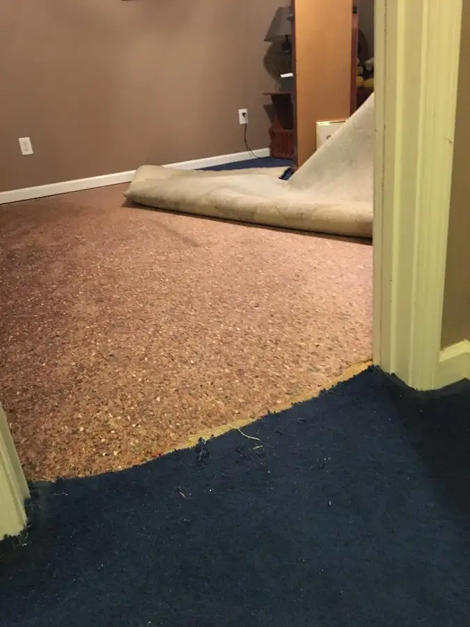 Carpet pad removal revealing water damage during Water Mitigation Services in Woodland